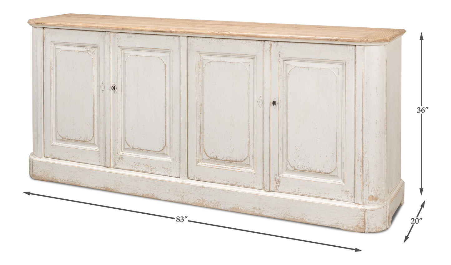 Sarreid - Antique Whitewash Sideboard  4 Door - White - Country