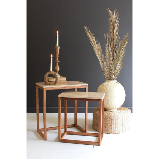 Kalalou - Set Of 2 Nesting Travertine Side Tables W Acacia Wood Bases - NAAR1000 - Kalalou - $457.95