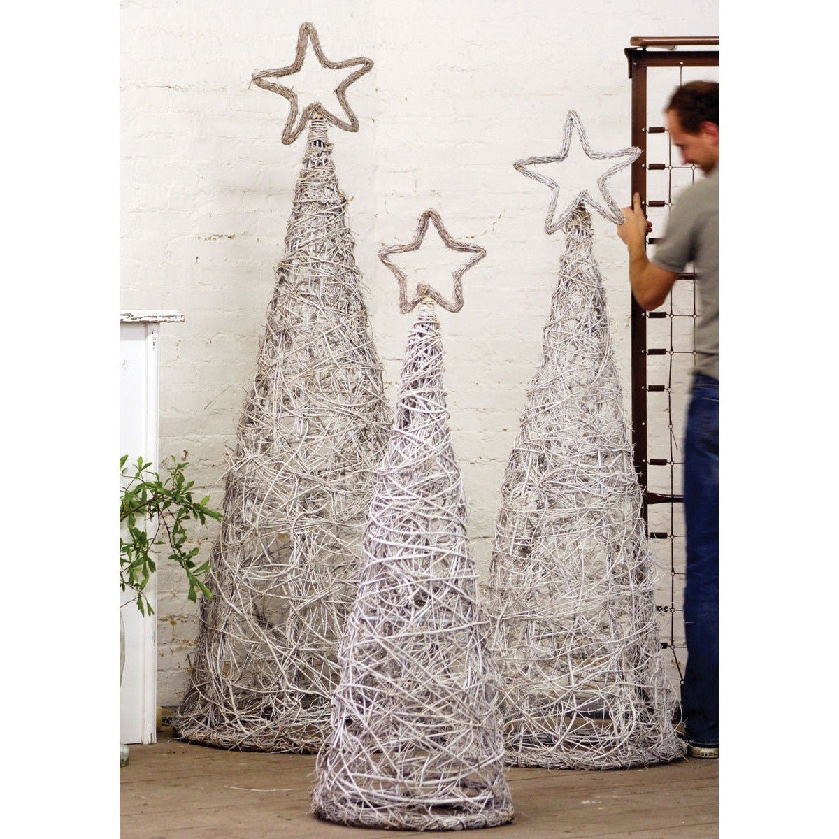 Kalalou set of 3 whitewash giant iron twig topiaries w star finials - A07316 - A07316 - Kalalou - $397.95