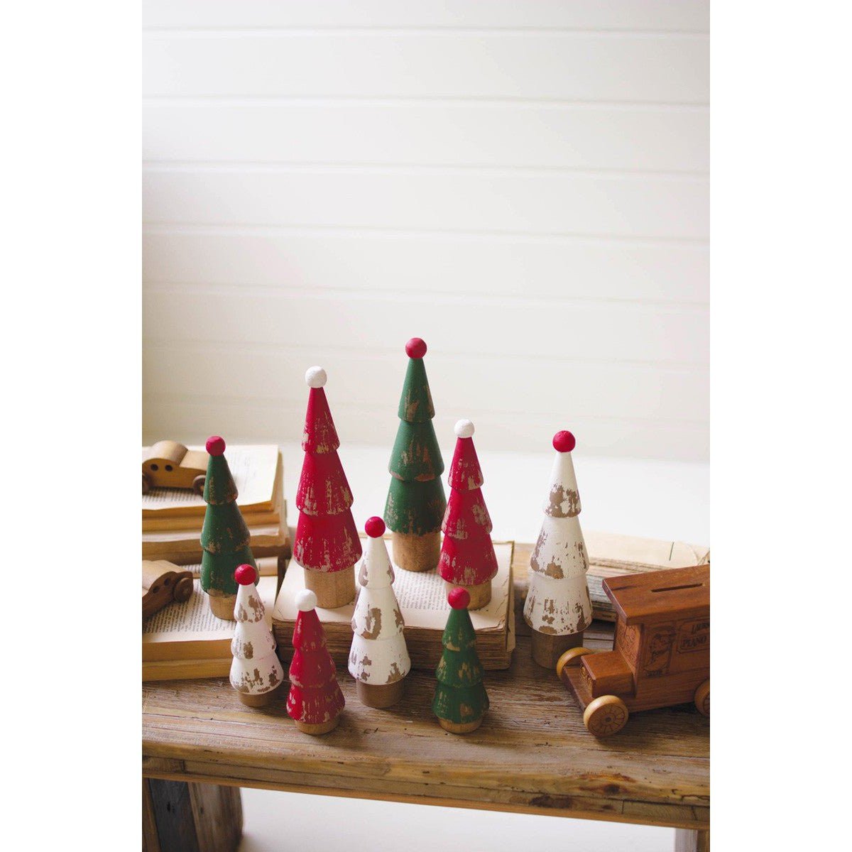 Kalalou set of nine turned wood painted christmas trees - CMN1571 - CMN1571 - Kalalou - $97.95