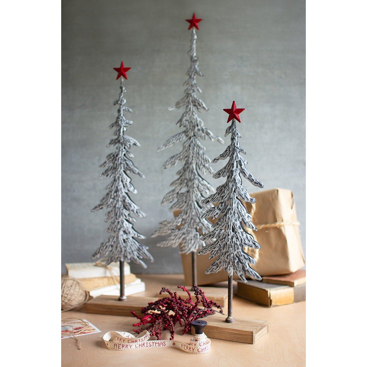 Kalalou set of three metal christmas trees on wooden bases - CMN1464 - CMN1464 - Kalalou - $129.95