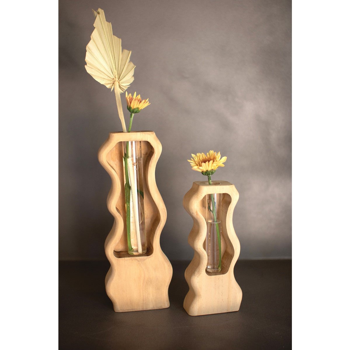 Kalalou - SET OF TWO CARVED WOOD AND GLASS BUD VASES (MIN 2) - CEPC1130X - CEPC1130X - Kalalou - $47.95