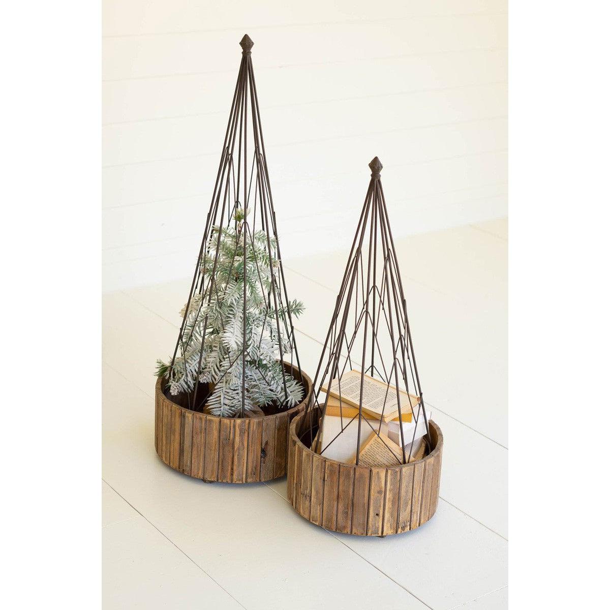 Kalalou set of two metal topiaries with recycled wood bases - CTNF1021 - CTNF1021 - Kalalou - $229.95