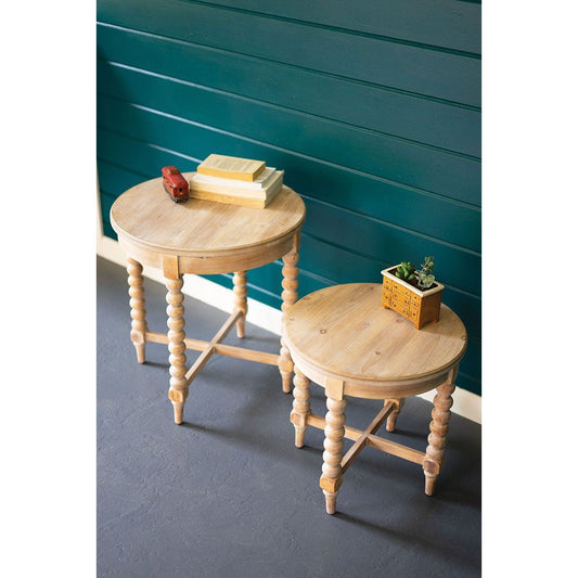 Kalalou - Set Of Two Round Wooden Side Tables With Turned Legs - CHW1204 - Kalalou - $349.95