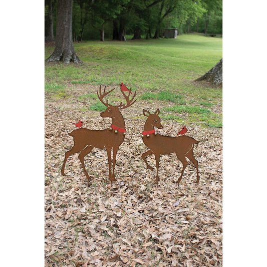 Kalalou set of two rustic reindeer yard art with red birds - CZG1436 - CZG1436 - Kalalou - $237.95