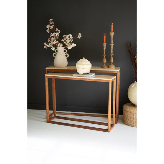 Kalalou - Set Of Two Travertine Console Tables With Wood Bases - NAAR1002 - Kalalou - $897.95
