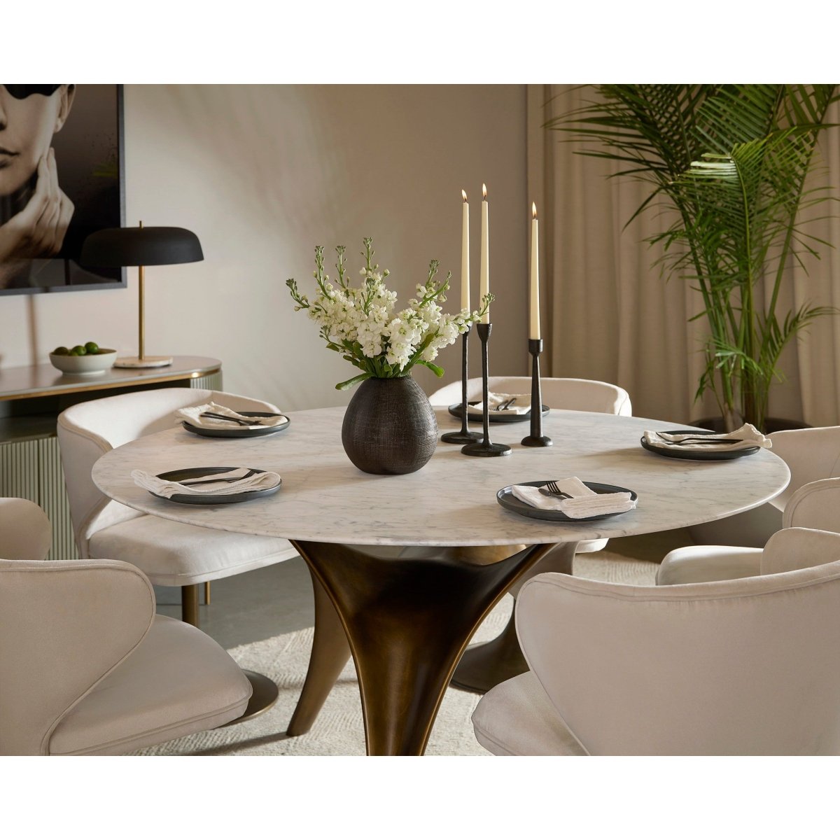 Sunpan Round Contemporary Bijon Dining Table - 59", Marble, White, Seats 6 - 110381 - Sunpan - $3998.00